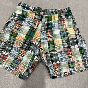 [36]Peter Millar Green and Blue Plaid Patchwork Flat Front Cotton Shorts